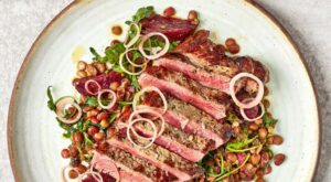 Steak with lentils, beetroot and pickled shallots – Delicious Magazine