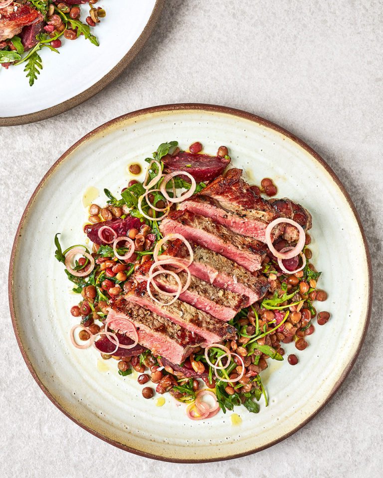 Steak with lentils, beetroot and pickled shallots – Delicious Magazine