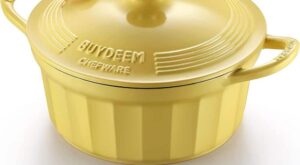 BUYDEEM 4.2 qt. Round Enameled Cast Iron Dutch Oven in Yellow with Lid, Cupcake Design with Stainless Steel Knob and Handles CP551 – The Home Depot