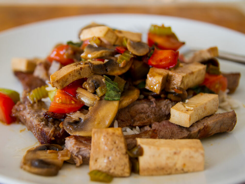 Easy Steak, Vegetable and Tofu Stirfry | not too sweet