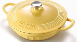 BUYDEEM 3.5 qt. Round Enameled Cast Iron Braiser Pan in Yellow with Lid, Cupcake Design with Stainless Steel Knob and Handles CP581 – The Home Depot