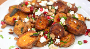 Make a colorful fall medley of sweet potatoes with feta, almonds & pomegranates