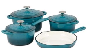 BASQUE 7-Piece Enameled Cast Iron Nonstick Cookware Set in Biscay Blue New Basque 7PC Cookware Set – The Home Depot