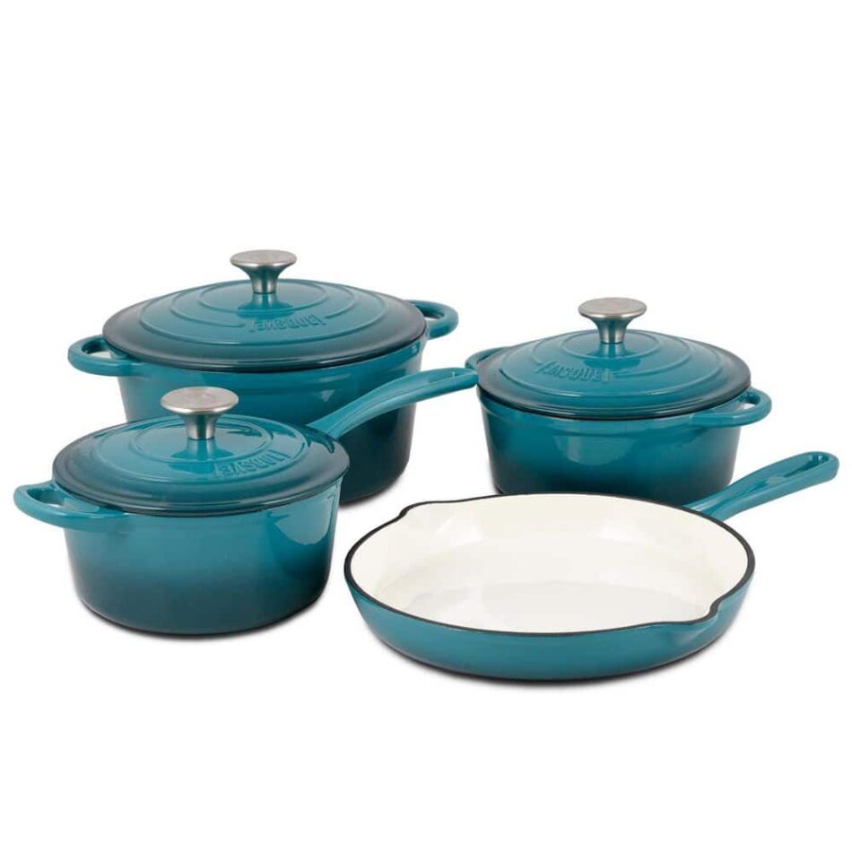 BASQUE 7-Piece Enameled Cast Iron Nonstick Cookware Set in Biscay Blue New Basque 7PC Cookware Set – The Home Depot