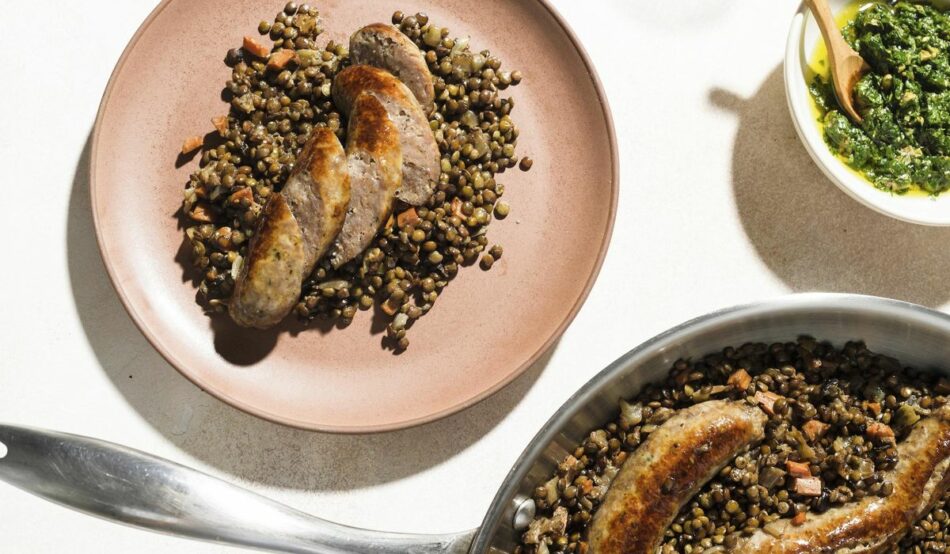 Caper relish lightens weeknight-friendly sausage and lentils