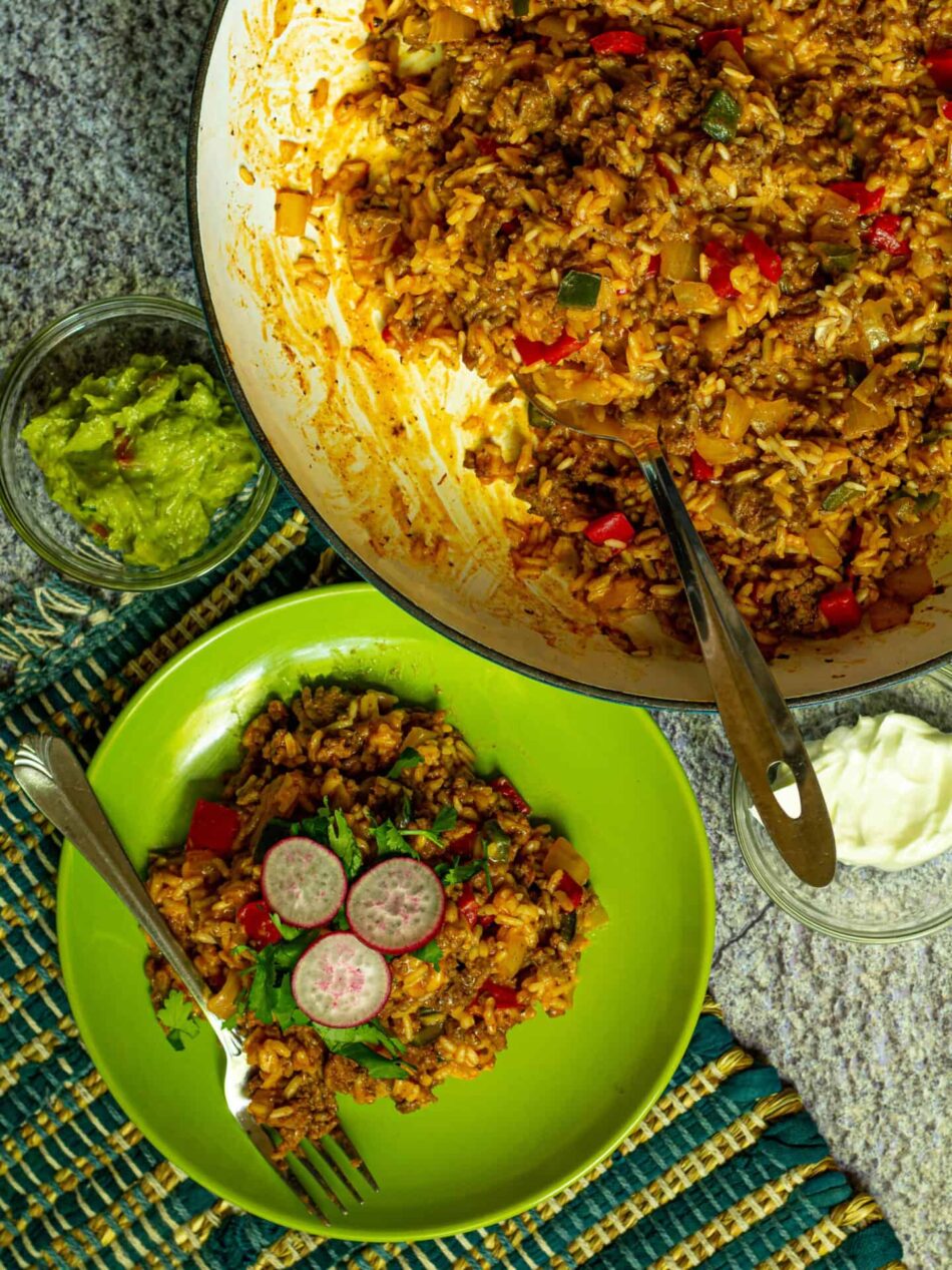 Easy Beef and Rice Skillet with Fresh Guacamole