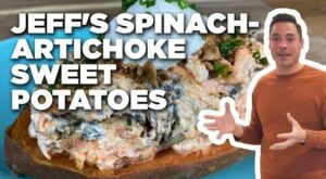 Jeff Mauro’s Spinach and Artichoke Dip Stuffed Sweet Potatoes | The Kitchen | Food Ne… | Sweet potato recipes baked, Food network recipes, Spinach artichoke recipes
