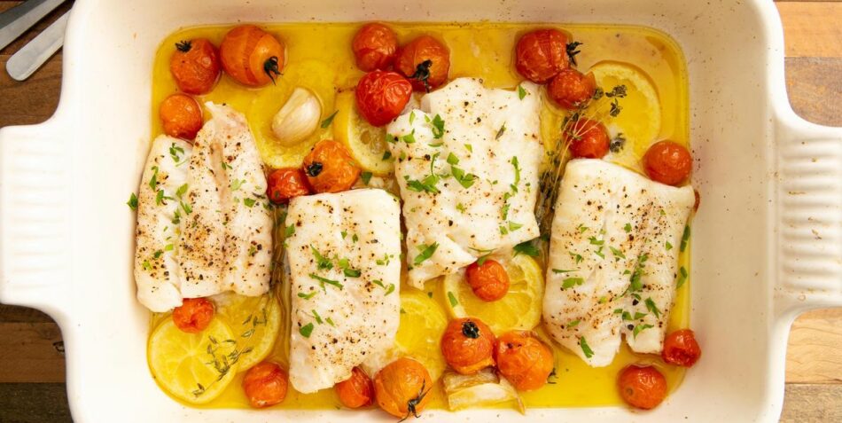 Lemony Baked Cod + Roast Tomatoes = Seafood Heaven