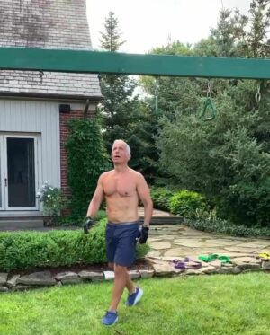 People asked me what I did to stay fit during Covid. I found a swing set and just hung around. …. literally! #WorkoutWednesday | By Geoffrey Zakarian | Facebook