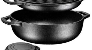 Bruntmor 2-in-1 Black Enameled Cast Iron Cocotte Double Braiser Pan with Grill Lid, 3.3 Quart, Cookware Set with Dual Handles,