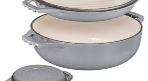 Bruntmor 2-in-1 Gray Enameled Cast Iron Cocotte Double Braiser Pan with Grill Lid, 3.3 Quarts
