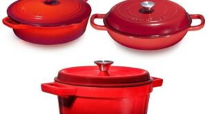 Bruntmor Red Enameled Cast Iron 3 Piece Bundle Gift Set: Braiser Pan, Dutch Oven, Chicken Fryer Ultimate Cookware, 2 Liters