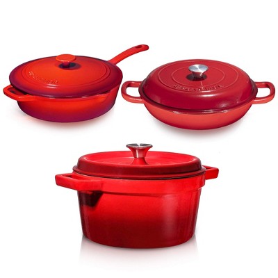 Bruntmor Red Enameled Cast Iron 3 Piece Bundle Gift Set: Braiser Pan, Dutch Oven, Chicken Fryer Ultimate Cookware, 2 Liters