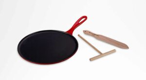 Crate&Barrel Le Creuset Enameled Cast Iron 10.75″ Crêpe Pan with Râteau + Spatula Cerise | The Shops at Willow Bend