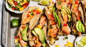 30-Minute Roasted Salmon Tacos with Corn & Pepper Salsa – EatingWell