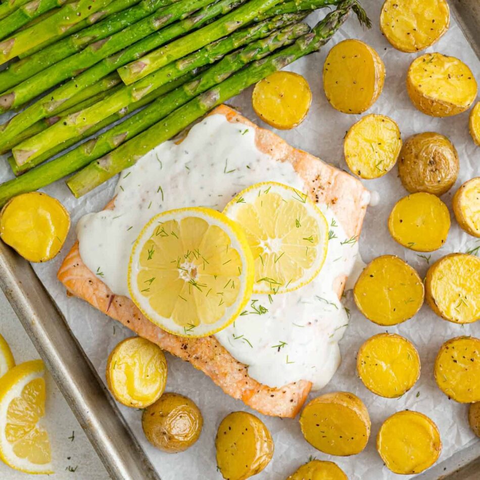 Salmon and Asparagus Sheet Pan Dinner with Lemon Dill Sauce – Rachel Cooks