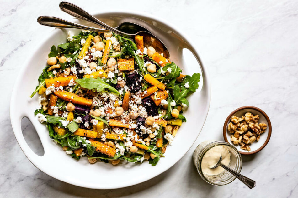 Quick Cook: Arugula Salad with Roasted Carrots, Chickpeas and Tahini Dressing