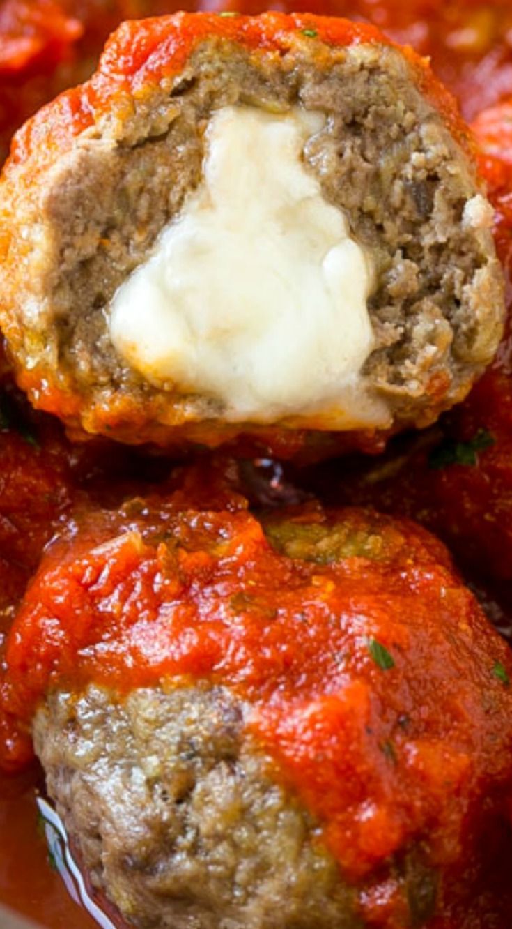 Mozzarella Stuffed #Meatballs ~ A fun twist on the classic recipe – serve these meatballs as a party appetizer or over a big … | Beef recipes, Recipes, Classic food
