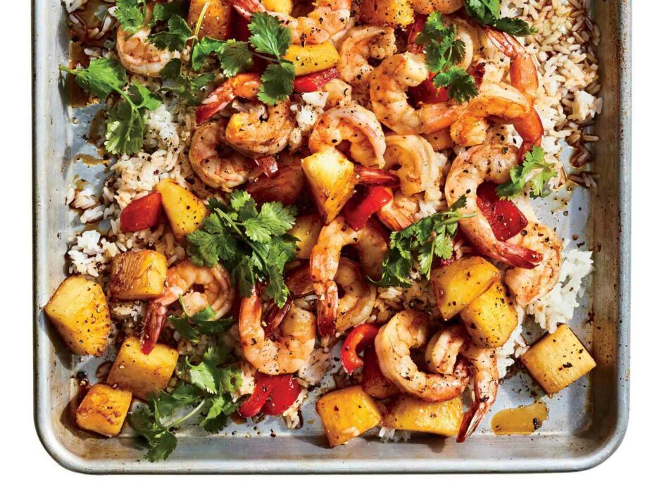 Sheet-Pan Shrimp, Pineapple & Peppers with Rice – EatingWell