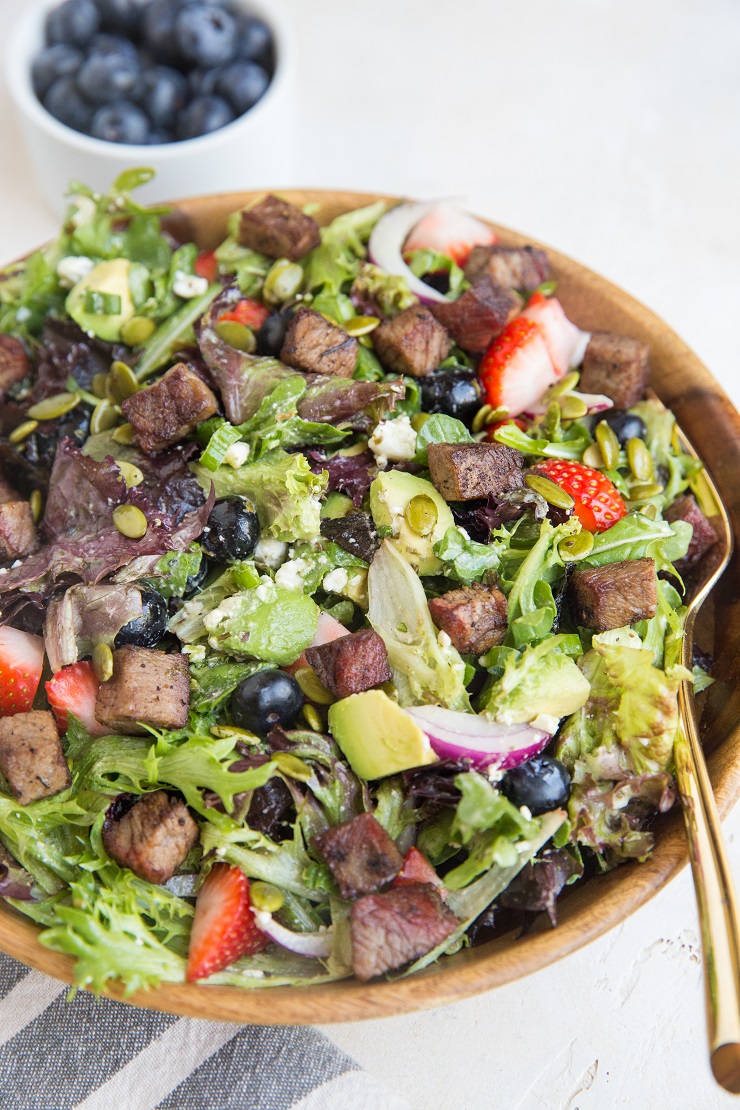 Steak Salad with Berries, Avocado and Goddess Dressing