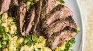 For Father’s Day, try a weeknight-easy steak: Spice-crusted hanger steak with mashed chickpeas