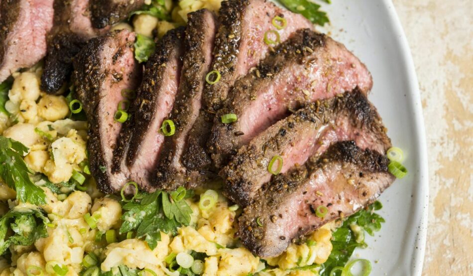 For Father’s Day, try a weeknight-easy steak: Spice-crusted hanger steak with mashed chickpeas