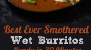 These beef and bean wet burritos are smothered with red sauce and melted cheese. Top wi… | Mexican food recipes, Wet burrito recipes, Mexican food recipes authentic
