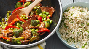 Healthy sweet and spicy edamame beef stir-fry