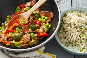 Healthy sweet and spicy edamame beef stir-fry
