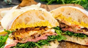 Layered with perfectly cooked juicy steak, sweet caramelized onions, and herby pesto, this Steak Sand… | Sandwich wraps recipes, Quiche recipes easy, Steak sandwich