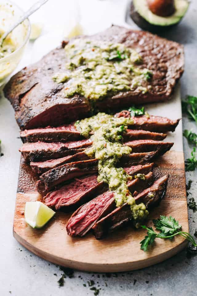 Grilled Flank Steak with Avocado Chimichurri Sauce | Easy Steak Recipe in 2023 | Grilled steak recipes, Avocado chimichurri, Flank steak recipes