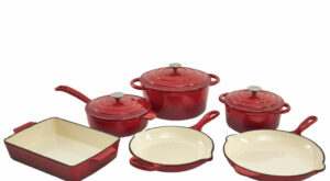 9 PC Enameled Cast Iron Cookware Set – Red