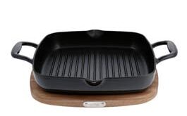 Enameled Cast Iron, Grill Pan with Acacia Wood Trivet, 11 inch