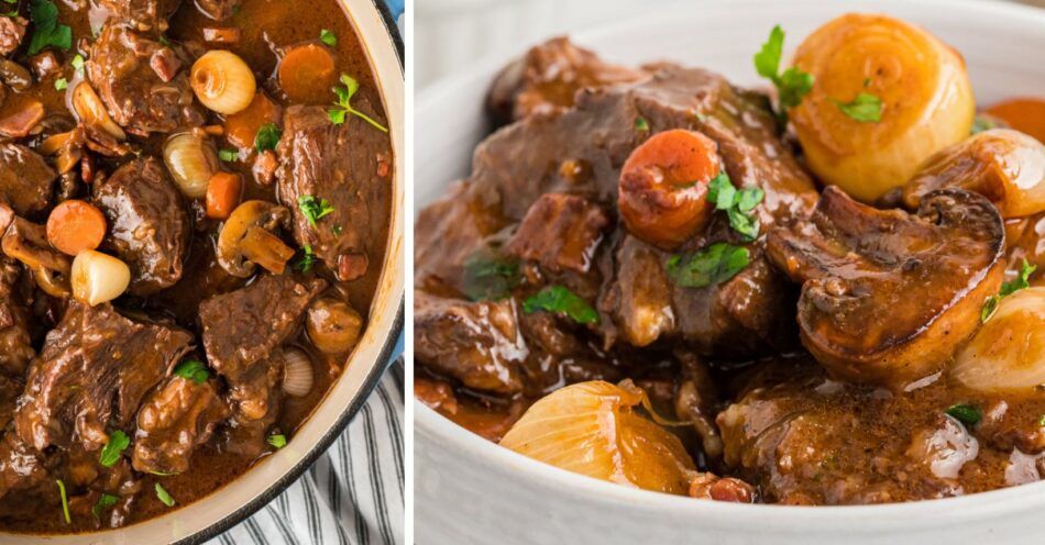 Beef Bourguignon – Tender Melt-in-Your-Mouth Beef, and Hearty Veggies in a Rich Sauce.