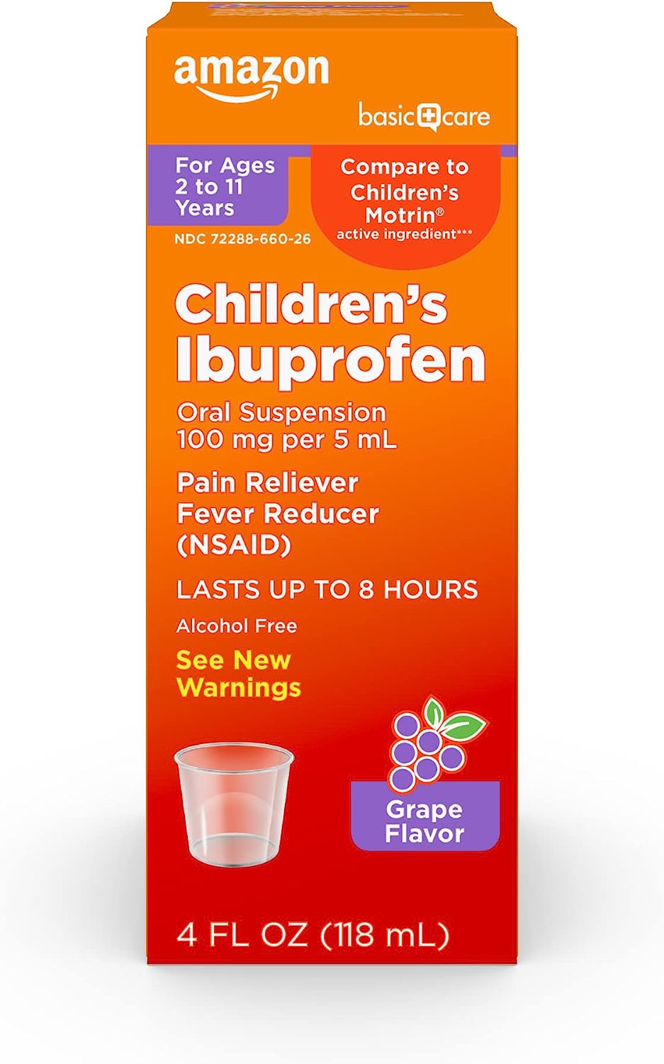 “Amazon Basic Care Children’s Ibuprofen Oral Suspension: Grape Flavor, Pain Relief for Kids 2-11, Lasts 8 Hours – Gluten Free”