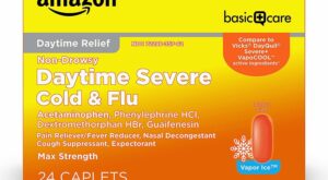 “Amazon Basic Care Daytime Severe Cold & Flu Relief: Compare to Vicks DayQuil Severe+ VapoCOOL Cold & Flu – Non-Drowsy, Gluten-Free”