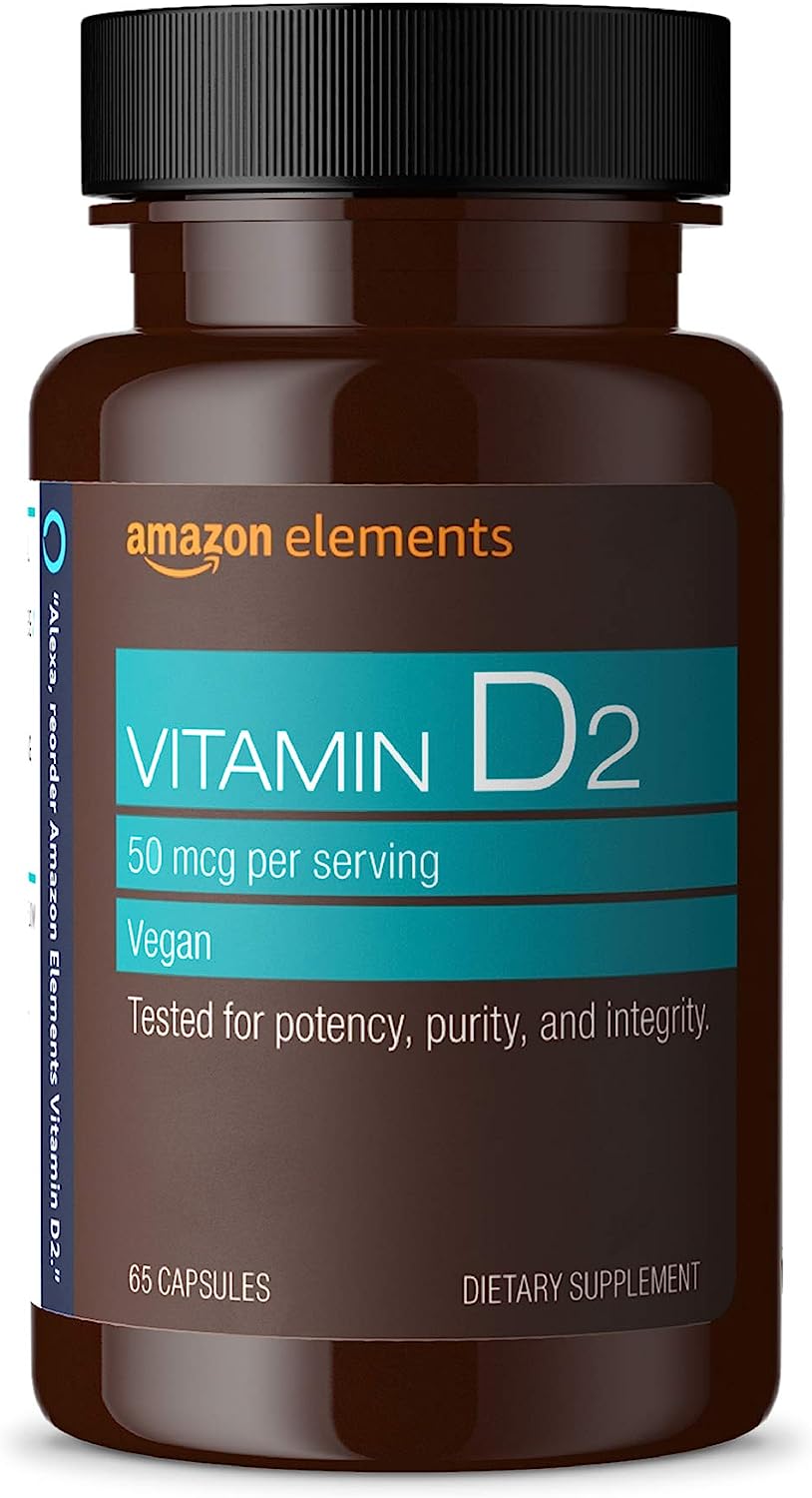 “Amazon Elements Vitamin D2 Supplement – Cultured Yeast Derived, Supports Strong Bones and Immune Health, Vegan and Gluten-Free”