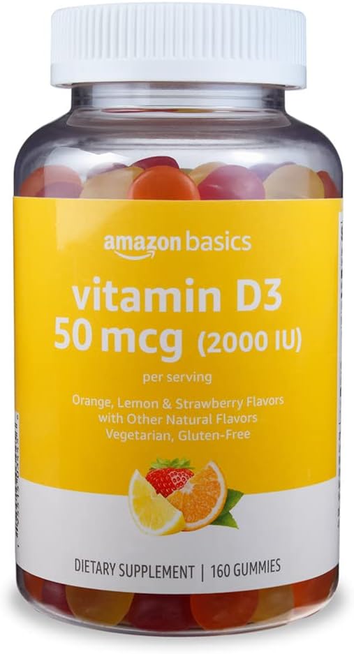 “Amazon Basics Vitamin D Gummies – Vegetarian and Gluten-Free, Orange, Lemon, and Strawberry Flavors”