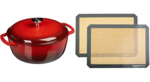 Amazon Basics Enameled Cast Iron Covered Dutch Oven, 6-Quart, Red & Silicone, Non-Stick, Food Safe Baking Mat – Pack of 2