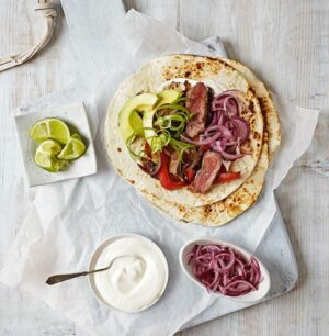 Quick steak fajitas with pickled red onions