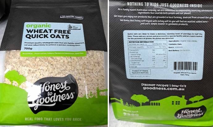 Honest To Goodness’ Organic Wheat Free Quick Oats recalled for containing gluten despite claims