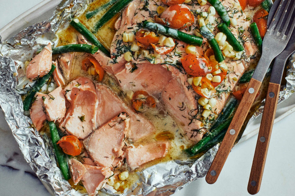 Coconut-Dill Salmon With Green Beans and Corn Recipe