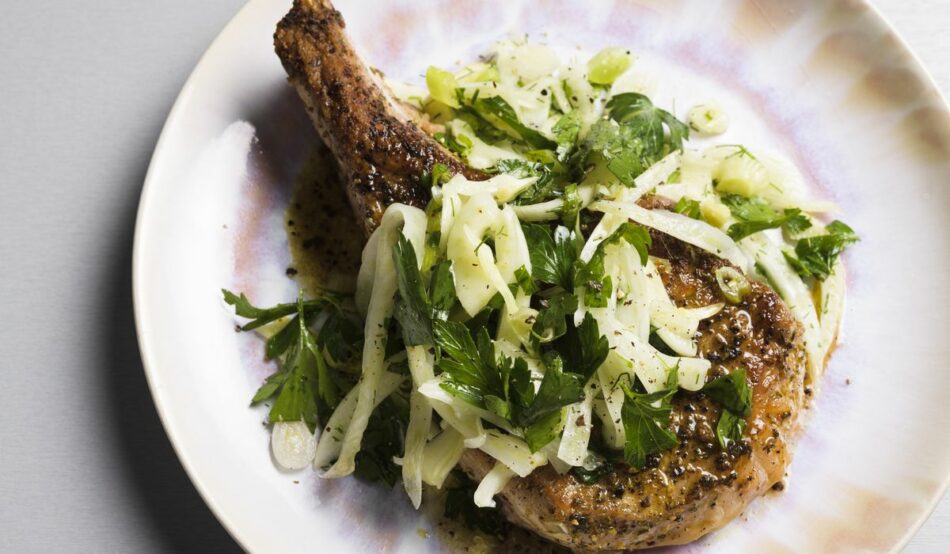 Inspired by Italian whole-hog cooking: Seared pork chops with fennel and herb salad