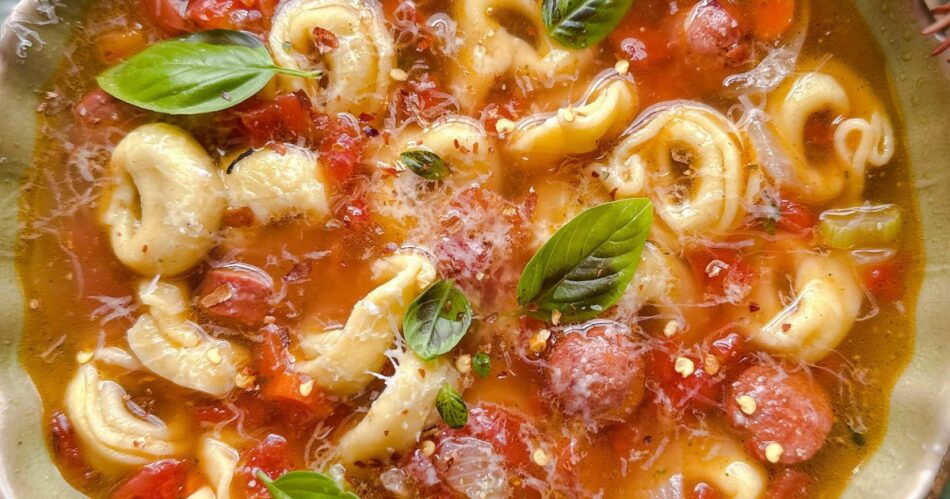 Warm up with a bowl of hearty sausage and tortellini soup
